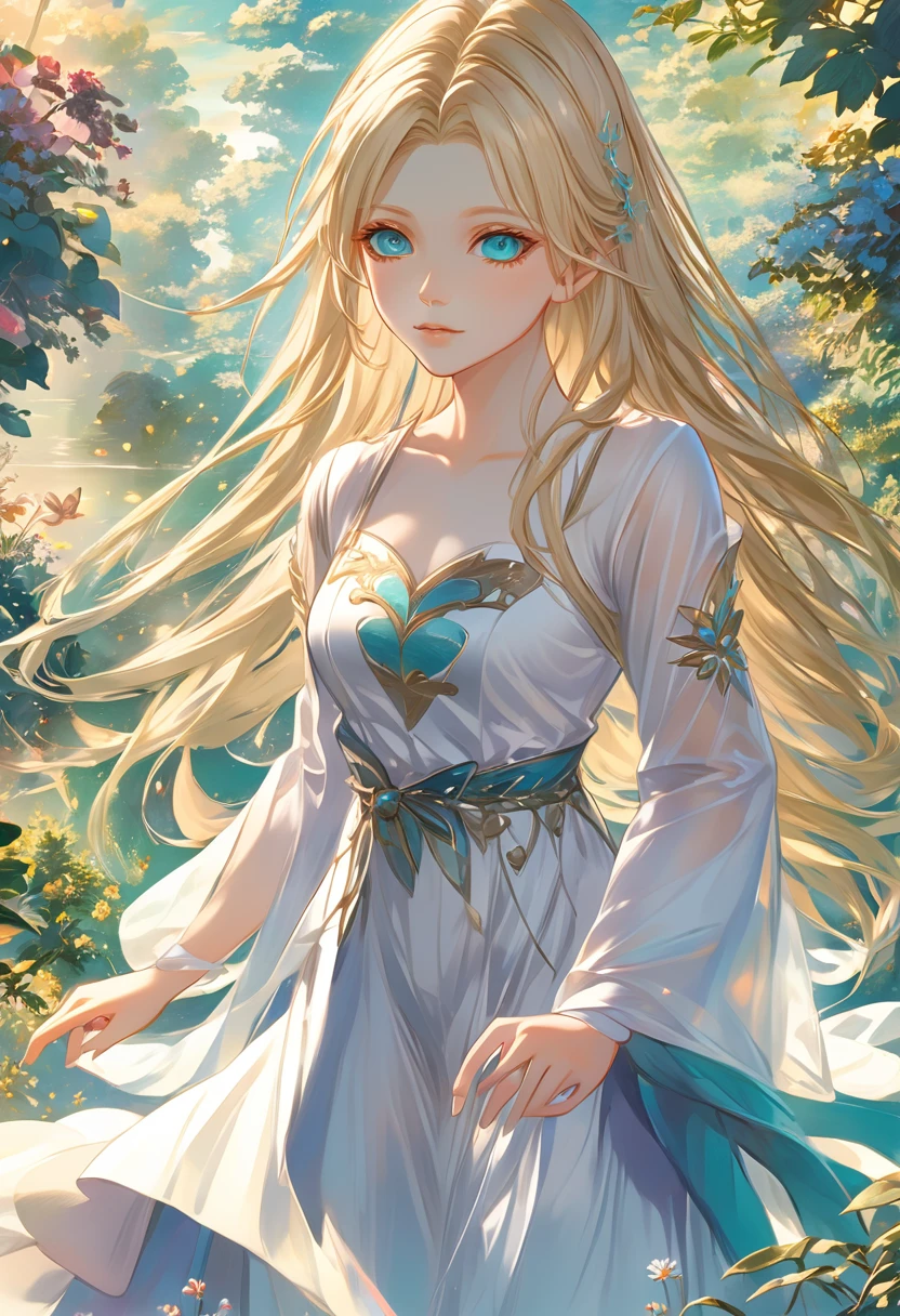 ((Highest quality)), ((masterpiece)), (detailed), ((Perfect Face)),euphilia,A beautiful anime girl with long blonde hair and dark turquoise eyes, wearing a white dress.In an enchanted garden, Picking flowers, Morning, Lush, Wide shot, Dappled sunlight, Character's actions, soft, Whimsical, anime style, attractive anime, pixiv fan art