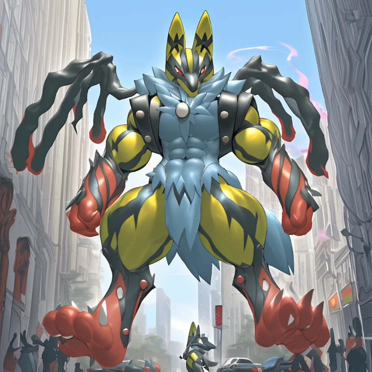 (Solo. masterpiece. official art. 8k. best quality. detailed full body. full body.)
(situation 1 : dominating Shiny_Mega_Lucario. Shiny_Mega_Lucario is over 1000 meters long. focus GIANT mechanical Muscular Shiny_Mega_Lucario is trampling the city. Looking down. macro. stomp. Low-angle perspective. emphasizing the immense size. He is much bigger than a skyscraper. Giga Giants. looking down. foot focus, (soles:1.2))
(situation 2 :smoke and flames rising from the destruction in the city)
(Additional details 1: wearing a full-face helmet. golden armor. high-tech bio-mecha armor. real texture material. whole body shines like metal. emphasizes the muscles. suit fully made of metal. intricate armor. Robotic suit. suit fully made of metal.).
(Additional details 2: (Detailed head. Detailed Body. Detailed abs. gigantic muscles. HYPER MUSCLES. Gigachad Muscular. big muscle. pecs. triceps. traps. unusually developed muscular body. body full of huge muscles. showing off muscles. pectorales enormes. Exaggeratedly huge muscles. huge muscles. long legs. abs.).
(Additional details 3: Spread wings. It has wings. have big wings. The claws are sharp. Sharp teeth.).