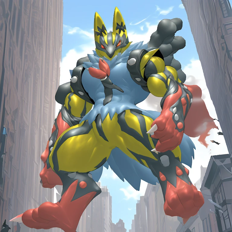 (Solo. masterpiece. official art. 8k. best quality. detailed full body. full body.)
(situation 1 : dominating Shiny_Mega_Lucario. Shiny_Mega_Lucario is over 1000 meters long. focus GIANT mechanical Muscular Shiny_Mega_Lucario is trampling the city. Looking down. macro. stomp. Low-angle perspective. emphasizing the immense size. He is much bigger than a skyscraper. Giga Giants. looking down. foot focus, (soles:1.2))
(situation 2 :smoke and flames rising from the destruction in the city)
(Additional details 2: (Detailed head. Detailed Body. Detailed abs. gigantic muscles. HYPER MUSCLES. Gigachad Muscular. big muscle. pecs. triceps. traps. unusually developed muscular body. body full of huge muscles. showing off muscles. pectorales enormes. Exaggeratedly huge muscles. huge muscles. long legs. abs.).
(Additional details 3: Spread wings. It has wings. have big wings. The claws are sharp. Sharp teeth.).
(Additional details 4: golden hyper penis. hyper golden penis. big penis)