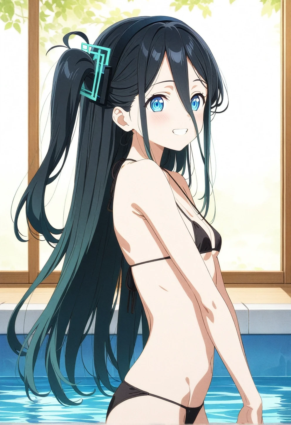 best quality, amazing quality, very aesthetic, absurdres, (1girl, aris, blue archive, solo, blue eyes, black hair,), (realistic face:0.9),(string bikini:1.8),dress lift, (grin, blush, thigh:1.3), (cowboy shot), (glowing eyes), (half closed eyes:0.9), (from side:2), (official art:1.3), (pool), expressive eyes, perfect face, 4k, extremely detailed anime illustration, extremely detailed eyes, perfect anatomy, light rays, extremely delicate body, smooth skin, (anime background:1.5), clear eyes, beautiful face, small breasts,(anime style:1.7), (Warm Light:1.5), (highres:2),