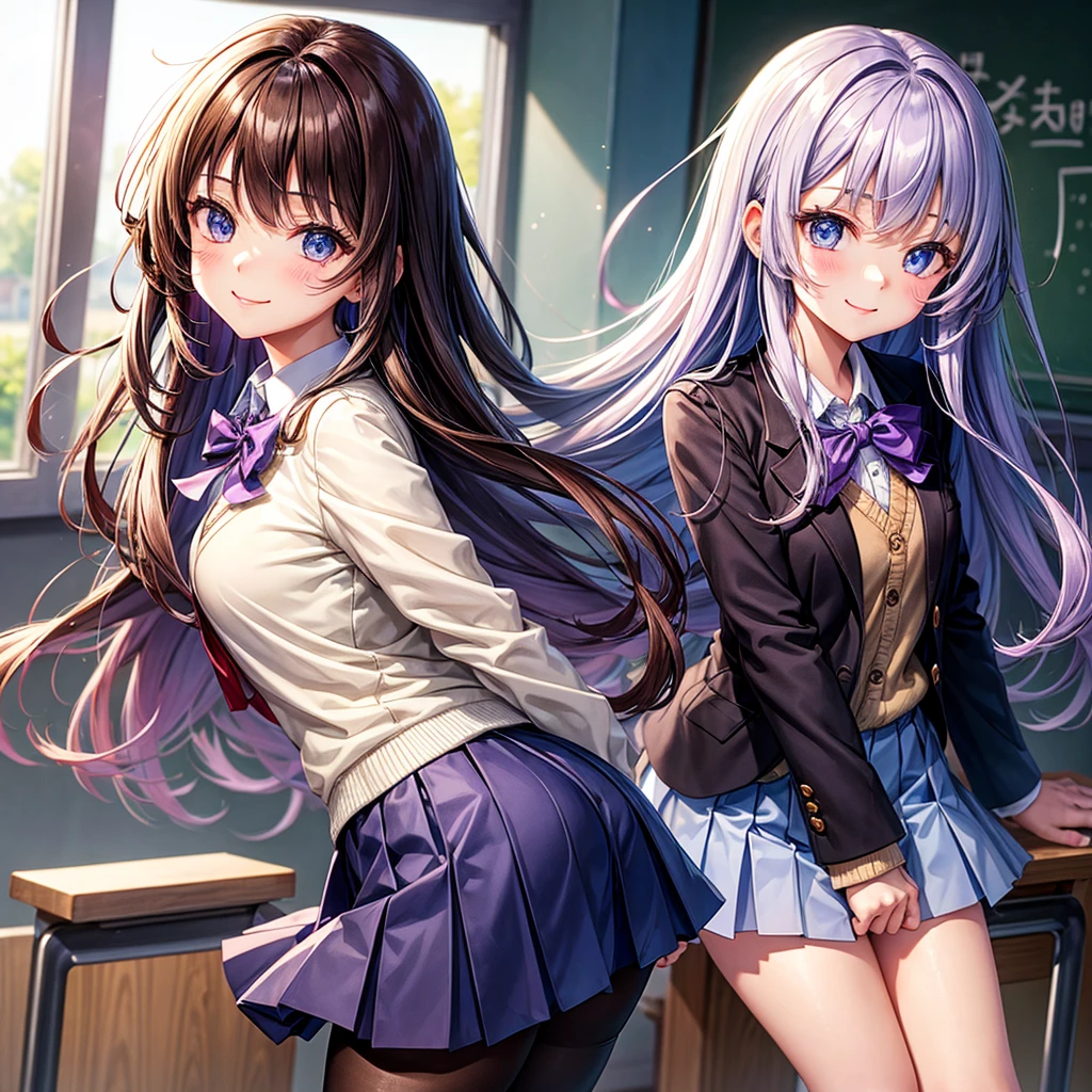 middle School girls，smile，Best Quality，cute制服，blazer，cardigan，8K，Highest quality，cute，fluffy，Angel，Long Hair，blue eyes，School，classroom，perfection，masterpiece，Have sparkling eyes，tights，Horny girl，Naughty Girls，美しいcute女の子，Horny girl，Brown Hair，Beautiful girl，Purple hair color，Latest Fashion， girl，