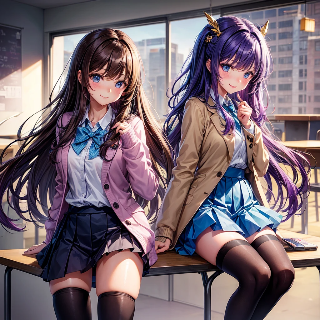 middle School girls，smile，Best Quality，cute制服，blazer，cardigan，8K，Highest quality，cute，fluffy，Angel，Long Hair，blue eyes，School，classroom，perfection，masterpiece，Have sparkling eyes，tights，Horny girl，Naughty Girls，美しいcute女の子，Horny girl，Brown Hair，Beautiful girl，Purple hair color，Latest Fashion， girl，