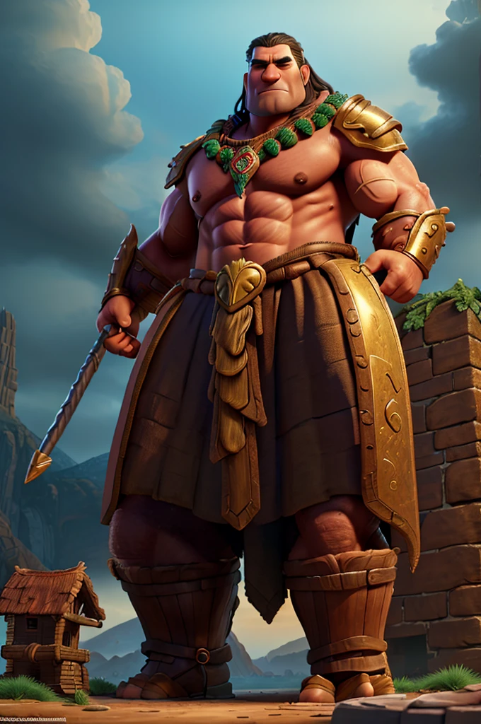 A giant barbarian, golden armor, castle with beanstalk background, detailed muscular body, dramatic lighting, cinematic composition, epic fantasy, digital painting, highly detailed, concept art, vibrant colors, dramatic shadows, cinematic lighting, moody atmosphere, photorealistic, 8K, best quality, masterpiece