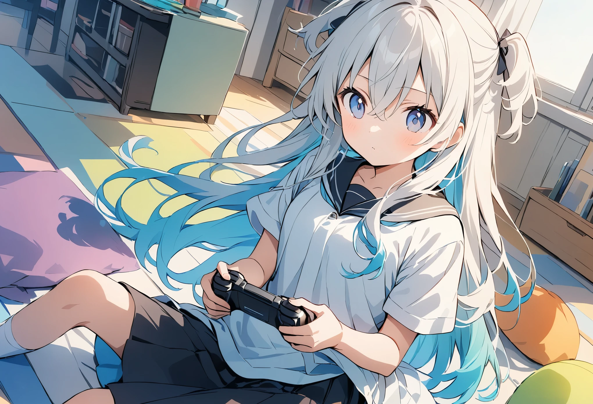 Anime Drawing,Golden Ratio,Very detailed、Very absurd、超High resolution, Attention to detail, high quality, High resolution, 最high quality, 4K, 8K,milky white hair, long hair, hair between eyes, wavy hair, extra-long sideburns, two side up,Girls playing games、(Panic look)、Sitting on the floor,((girl１people)),Young girl、Colorful girls room,15 years old,Light brown hair