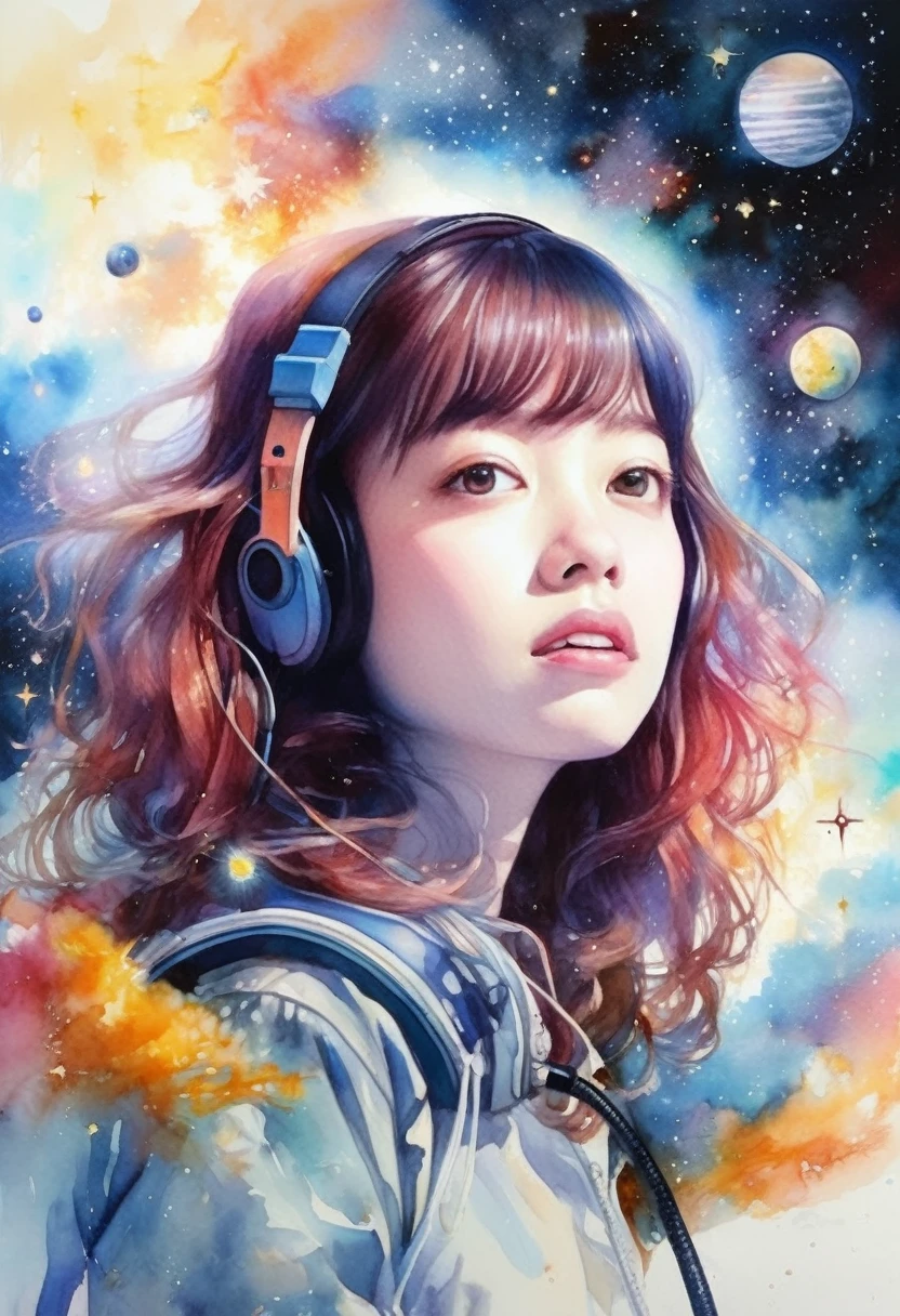 Girl singing with a microphone、Rock band vocals、Girl flying in space、Starry Skyを飛ぶ少女、Beautiful face girl、color々なcolorの星の光、diego gisbert lawrence、Joe San Gonzalez Dan Mumford、Picture book illustrations、Psychedelic Art、Starry Sky、nebula、vague、superwide shot、Highest quality、Ultra-detailed、Intensive、Golden ratio composition、Kanna Hashimoto、Watercolor、