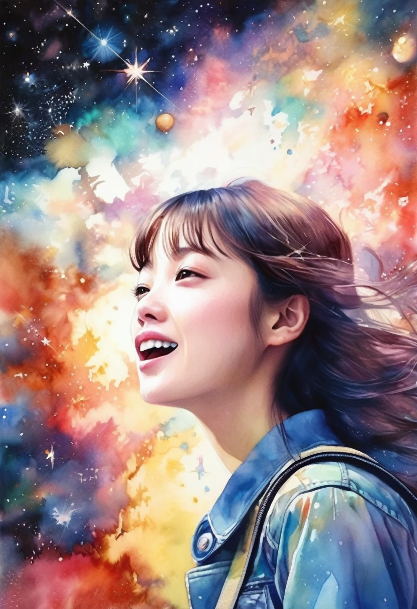 Girl singing with a microphone、Rock band vocals、Girl flying in space、Starry Skyを飛ぶ少女、Beautiful face girl、color々なcolorの星の光、diego gisbert lawrence、Joe San Gonzalez Dan Mumford、Picture book illustrations、Psychedelic Art、Starry Sky、nebula、vague、superwide shot、Highest quality、Ultra-detailed、Intensive、Golden ratio composition、Kanna Hashimoto、Watercolor、