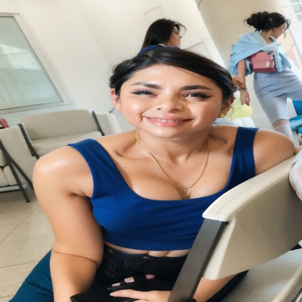 (realistic:1.3), finely detailed, quality, rembrandt lighting, (masterpiece:1.2), (photorealistic:1.2), (best quality), (detailed skin:1.3), (intricate details), dramatic, ray tracing, 1girl, arabian girl, 21 years old, olive skin, detailed skin texture, (blush:0.5), (goosebumps:0.5), subsurface scattering, smiling, medium breasts, st3w4rd3ss, hijab, white scarf, jacket, red headwear, pencil skirt, name tag, hourglass figure, high heels, full body, (bright sunny day, airport terminal, pulling luggage, strolling),