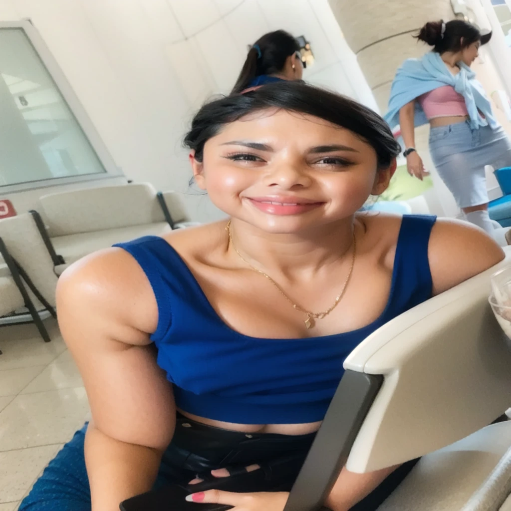(realistic:1.3), finely detailed, quality, rembrandt lighting, (masterpiece:1.2), (photorealistic:1.2), (best quality), (detailed skin:1.3), (intricate details), dramatic, ray tracing, 1girl, arabian girl, 21 years old, olive skin, detailed skin texture, (blush:0.5), (goosebumps:0.5), subsurface scattering, smiling, medium breasts, st3w4rd3ss, hijab, white scarf, jacket, red headwear, pencil skirt, name tag, hourglass figure, high heels, full body, (bright sunny day, airport terminal, pulling luggage, strolling),