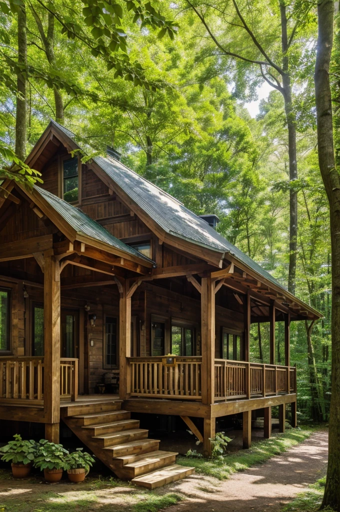 A peaceful, rustic house with a yellow facade and wooden porch surrounded by lush green trees, clear blue sky, dappled sunlight filtering through the leaves, tranquil atmosphere, cinematic --ar 9:16 with beautiful colours