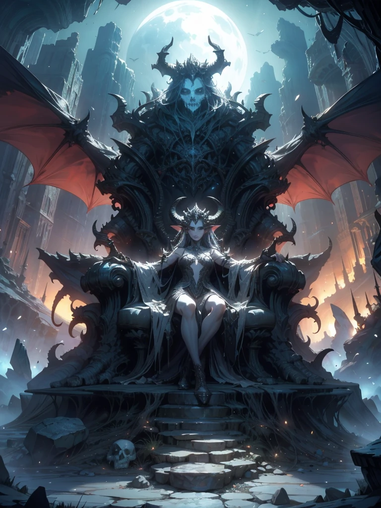 a fantasy image, a cave full of bones and a throne of skulls, it should show a thin moonlight, in the center of the image there should be a woman with bat wings and horns, the bottom should be rocky with an opening at the top of the cave.