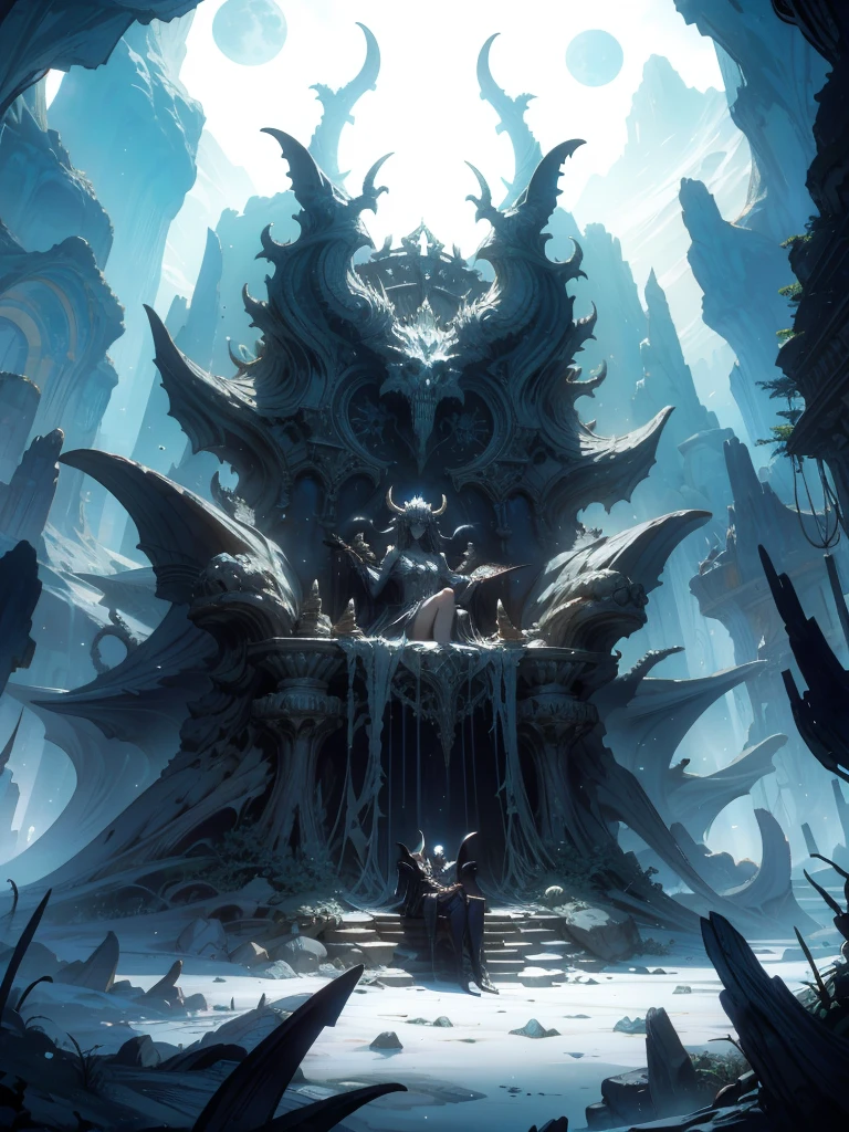 a fantasy image, a cave full of bones and a throne of skulls, it should show a thin moonlight, in the center of the image there should be a woman with bat wings and horns, the bottom should be rocky with an opening at the top of the cave.