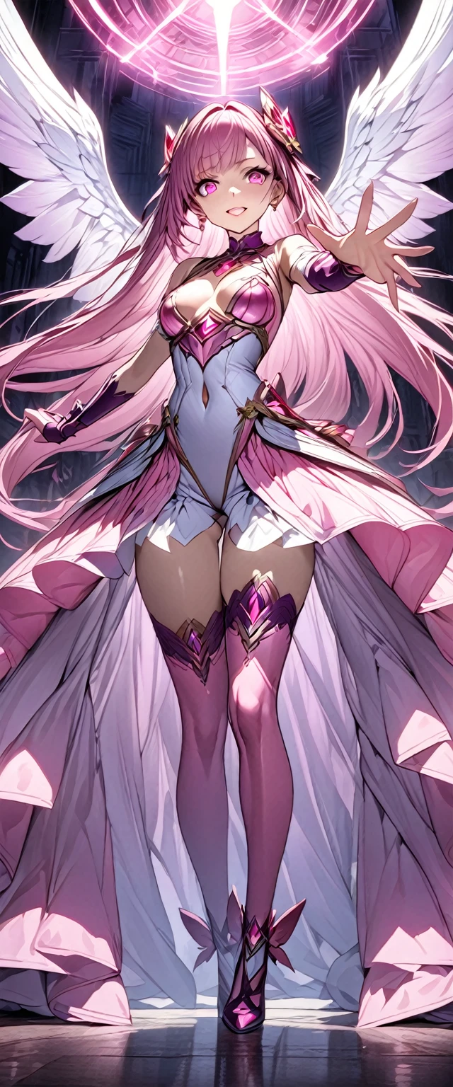 (Perfect Anatomy)、Mastepiece、Ultra High Quality、 8K、masterpiece、Highest quality、Ultra-high resolution、Maximum resolution、Very detailed、Professional Lighting、anime、woman、thin、so beautiful、Highly detailed eye、Highly detailed face、Golden earrings、Pink Hair,、Pink eyes、Mid-chest, pink lips, upper arm pink armor, white leotard, pink pattern, full body, magical girl, Angel Girl, Are standing, pink thigh high stockings, white super long boots, pink gauntlet, high heels, hime cut, bridal hair accessory, glowing eyes, madeon, squatting, ((outstretched hand)), happy, spread arms