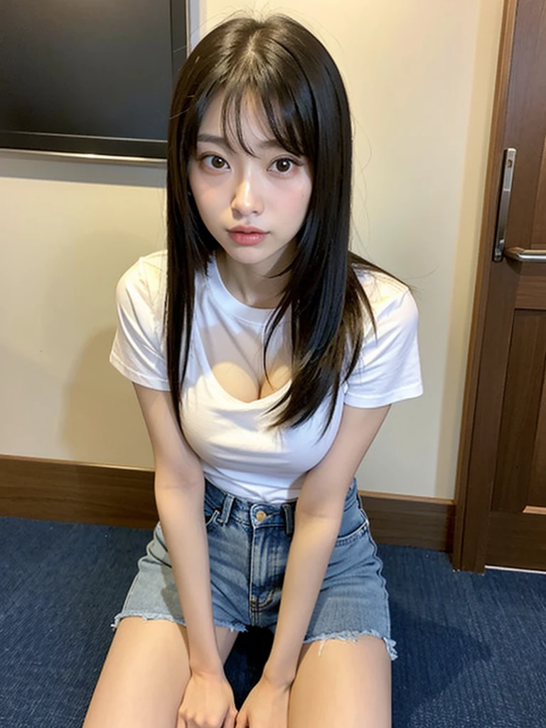 uniform. Sitting on a triangle, full body .See-through. top-quality、超A high resolution、(Photorealsitic:1.4)、8K resolution、1 girl、(Random hair:1.3)、(Realistic hair:1.2)、(japanesgirl:1)、(realisticeyes:1.2)、(Beautiful face: 1.3)、Slim body、White glowing skin、large full breasts、cleavage of the breast、(duck face:1.2)、(Middle corner:1.3)、(White T-shirt and short jeans)、(selfee:1.3)