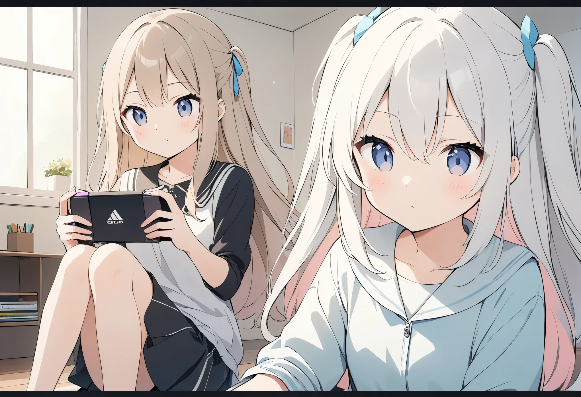 Anime Drawing,Golden Ratio,Very detailed、Very absurd、超High resolution, Attention to detail, high quality, High resolution, 最high quality, 4K, 8K,milky white hair, long hair, hair between eyes, wavy hair, extra-long sideburns, two side up,Girls playing games、(Panic look)、Sitting on the floor,((girl1people)),Young girl、Colorful girls room,,Light brown hair、Light shines into the room、Light production