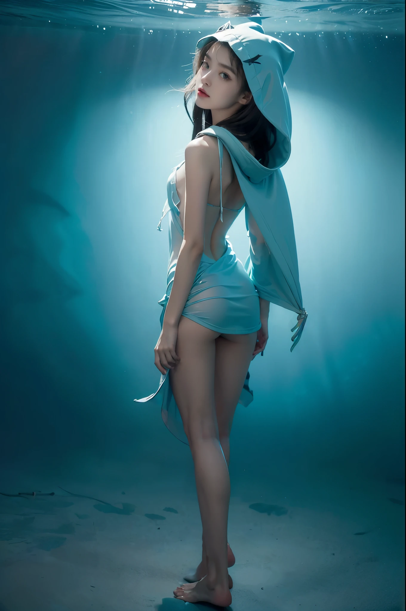 (((best quality))),(((ultra detailed))),(((masterpiece))),illustration,(1 beautiful girl,shark girl,solo),((slim,thin,small breasts,flat chest)),aquarium,summer night,(sleek sharkhead-hooded shirt-dress:1.3),shimmering hues,enchanting aura,(shoulder length straight bob hair:1.2),ocean-blue locks,shiny seaweed,porcelain skin,neon lights,emerald eyes,sharp gaze,delicate shark fin,translucent membrane,dancing fish,vibrant colors,undulating water,salty scent,distant waves,coral reef,gentle shadows,serene ambiance,electric atmosphere,Alezandra,oceanic magic,allure,enchantment,vision,extraordinary presence,((from front,full body,arms behind back,spread legs apart))
