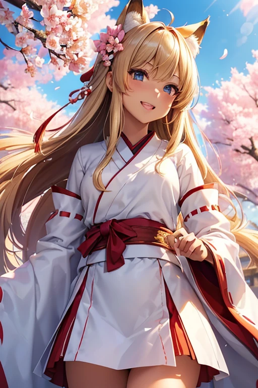 #Basics A girl is posing for a photo, animeのかわいい女の子, (((One Girl, Baby Face, Young girl, ************))), 
BREAK 

#Clothing Accessories 
(Shrine maiden costume : A white haori with large sleeves + cherry blossomsの刺繍が施されている + Deep red hakama skirt + Flower-shaped hair ornament + 伝統的な日本のshrineのShrine maiden costume), ((Tanned dark skin)), Silver earrings, 
BREAK 

#Features 
(Blonde), (Fox Ears), (Long Hair + Straight Hair + Straight hair without any kinks),  
(Droopy eyes, blue eyes), (Small breasts),  
BREAK 

#background environment 
((noon, Sunshine, shrine + cherry blossoms, blue sky)), 
#Facial Expression Pose
((Big happy smile + Mouth wide open + Teeth are visible), (Standing looking up at the sky)), 
#composition 
((Angle from the front, Cowboy Shot)), 
BREAK 

#Body parts elements 
(Detailed hair, Beautiful Hair, Shiny Hair), 
(double eyelid, Long eyelashes), 
(Expression of fine eyes, Beautiful and delicate eyes, Sparkling eyes, Eye Reflexes, Glitter Eyeliner), 
(Beautiful Nose, Thin Nose), 
(Glossy lips, Beautiful Lips, Thick lips, Glossy Lips, Natural Cheeks), 
(Detailed face, Symmetrical facial features), 
(Detailed skin, Textured skin, Beautiful Skin, Shiny skin), 
BREAK 

#Quality 
(((Highest quality)), ((masterpiece)), ((Very detailed))), ((High resolution), (16K,1080P)), 
(Realistic), (Anatomically correct), 
((comics, anime)), (3DCG), CG illustration,
