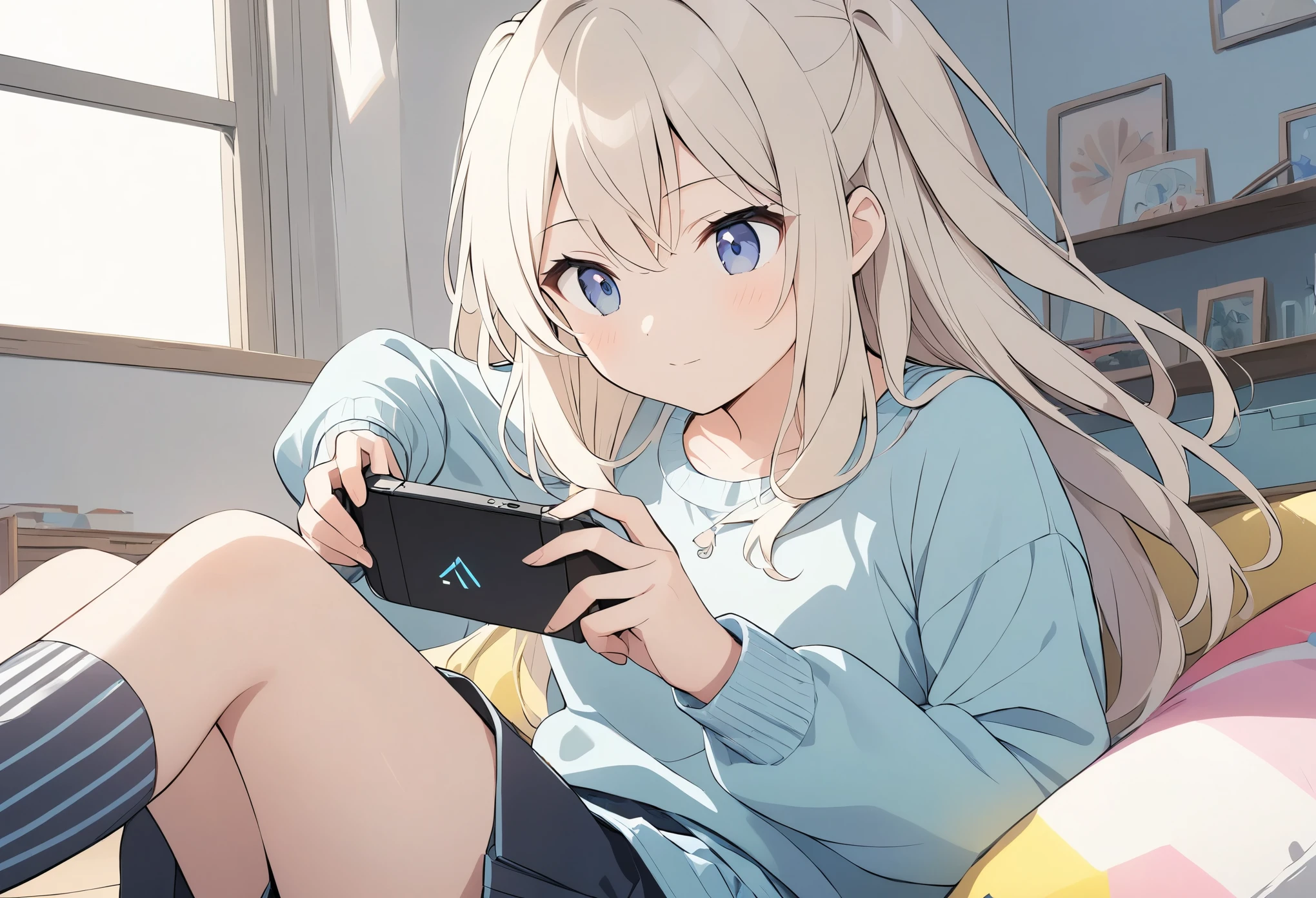 Anime Drawing,Golden Ratio,Very detailed、Very absurd、超High resolution, Attention to detail, high quality, High resolution, 最high quality, 4K, 8K,milky white hair, long hair, hair between eyes, wavy hair, extra-long sideburns, two side up,Girls playing games、(Panic look)、Sitting on the floor,((girl1people)),Young girl、Colorful girls room,,Light brown hair、Light shines into the room、Light production