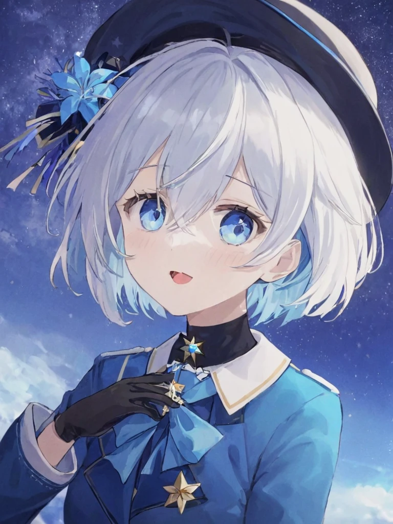 1girl, solo, blue_eyes, gloves, hat, looking_at_viewer, bow, blue_hair, open_mouth, white_hair, brooch, short_hair, flower, black_gloves, jewelry, hair_between_eyes, star_\(sky\), hat_bow, upper_body, ahoge, blue_theme, bangs, ascot, long_sleeves, blurry, blue_headwear, blurry_foreground, blue_bow, ribbon, sky, jacket, starry_sky, depth_of_field, blue_shirt, multicolored_hair, blue_flower, black_headwear, hat_flower, hat_feather