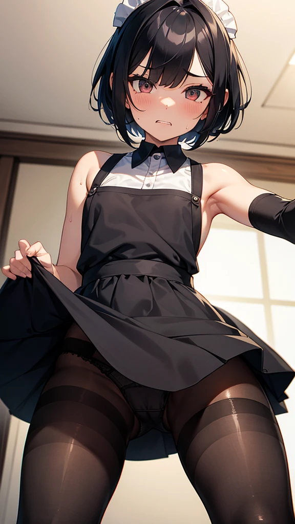 masterpiece,Highest quality,One girl,Maid,Black Bob,Black apron dress,Small breasts,Black Pantyhose,Low Angle,Looking into the camera,（Sharp eyes）,Glare,Contemptuous Eyes,（Hollow Eyes）Through clenched teeth,Sweat,（Raise your skirt yourself）,Panty shot,（Panties through pantyhose）,Camel-to-Focus,（From below）,Raise one leg,throw