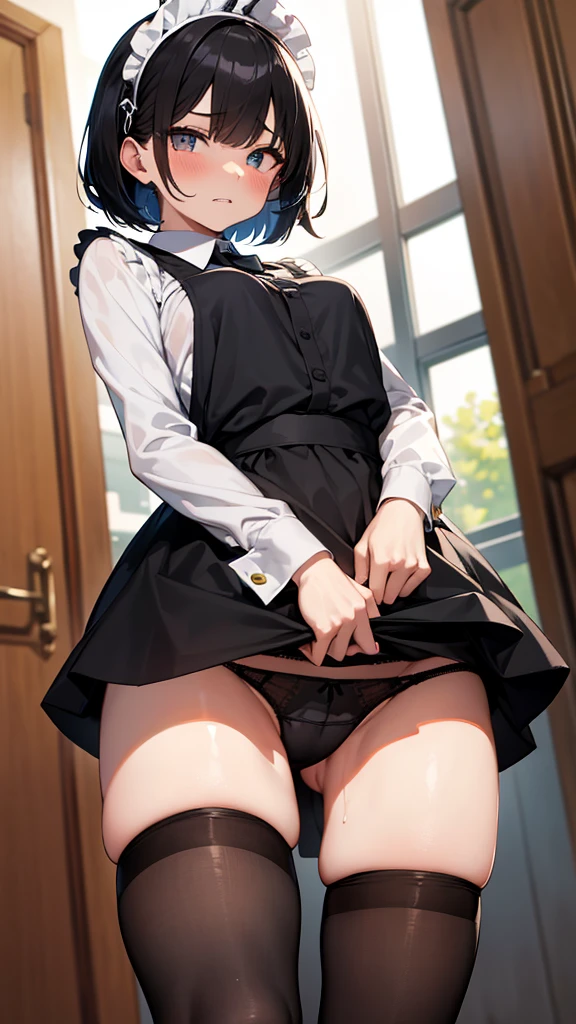 masterpiece,Highest quality,One girl,Maid,Black Bob,Black apron dress,Small breasts,Black Pantyhose,Low Angle,Looking into the camera,(Sharp eyes),Glare,Contemptuous Eyes,(Hollow Eyes)Through clenched teeth,Sweat,(Raise your skirt yourself),Panty shot,(Panties through pantyhose),Camel-to-Focus,(From below),Raise one leg,throw