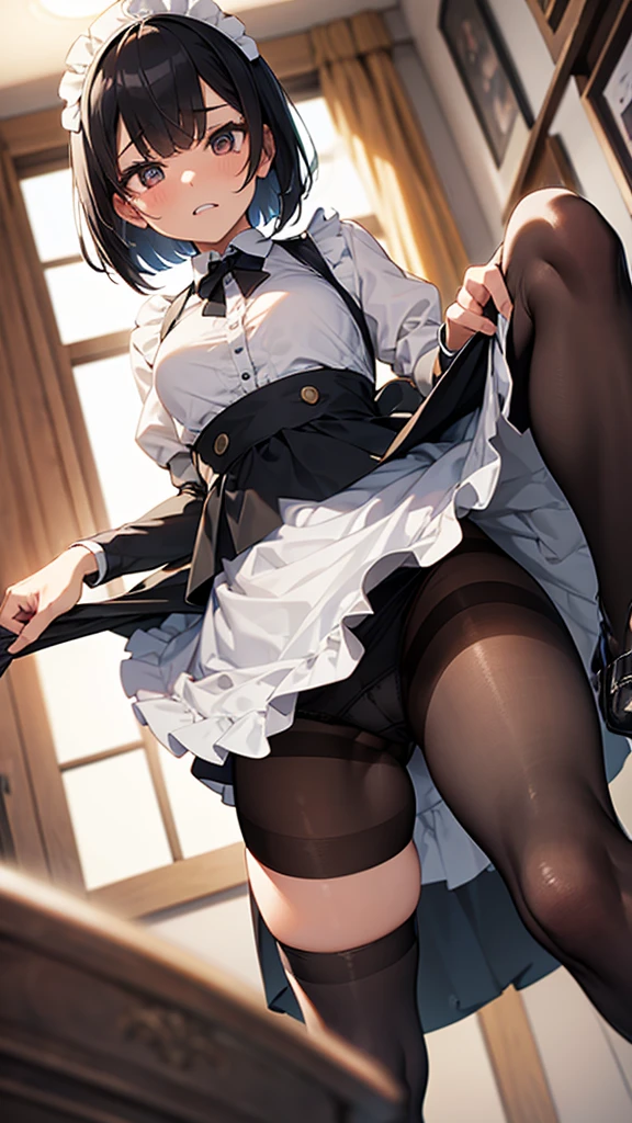masterpiece,Highest quality,One girl,Maid,Black Bob,Black apron dress,Small breasts,Black Pantyhose,Low Angle,Looking into the camera,(Sharp eyes),Glare,Contemptuous Eyes,(Hollow Eyes)Through clenched teeth,Sweat,(Raise your skirt yourself),Panty shot,(Panties through pantyhose),Camel-to-Focus,(From below),Raise one leg,throw