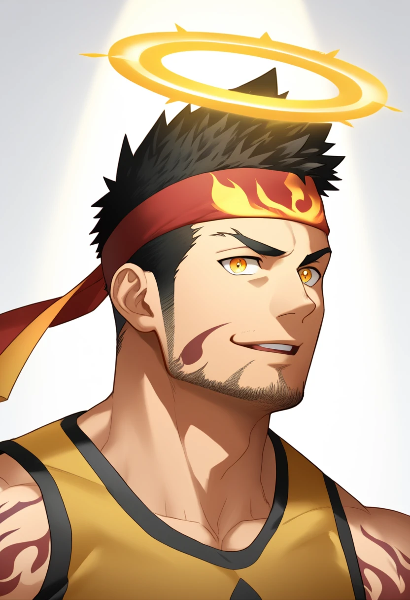 anime characters:Gyee, priapus, ung muscular man, male focus, Flame tattoo, sports Red headband, Dark Yellow spandex tight tank top, muscular male, muscular, only, Upper body, alone, Black short hair, Thick eyebrows, stubble, Yellow eyes, White background, simple background, amazing quality, best aesthetics, Ridiculous, bright pupils, crew cut, naughty face, torogao, parted lips, halo, god rays, best quality