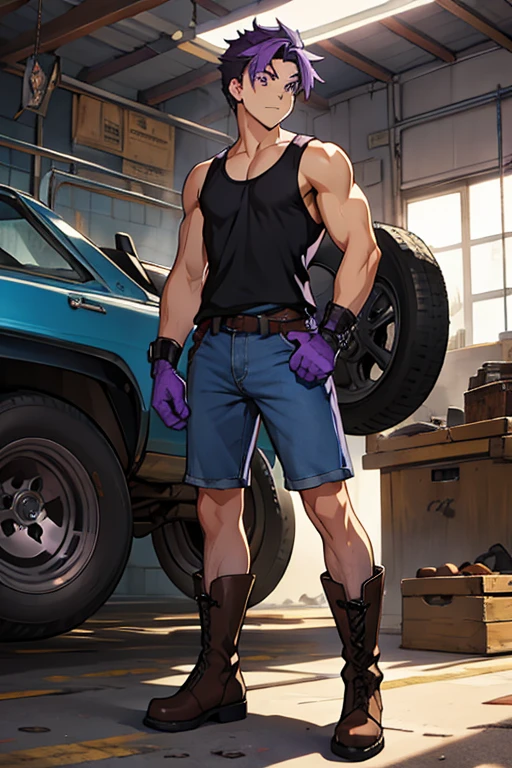 Young man, PURPLE HAIR, purple eyes, black sleeveless shirt , denim tank shorts, mechanic gloves, Brown boots
