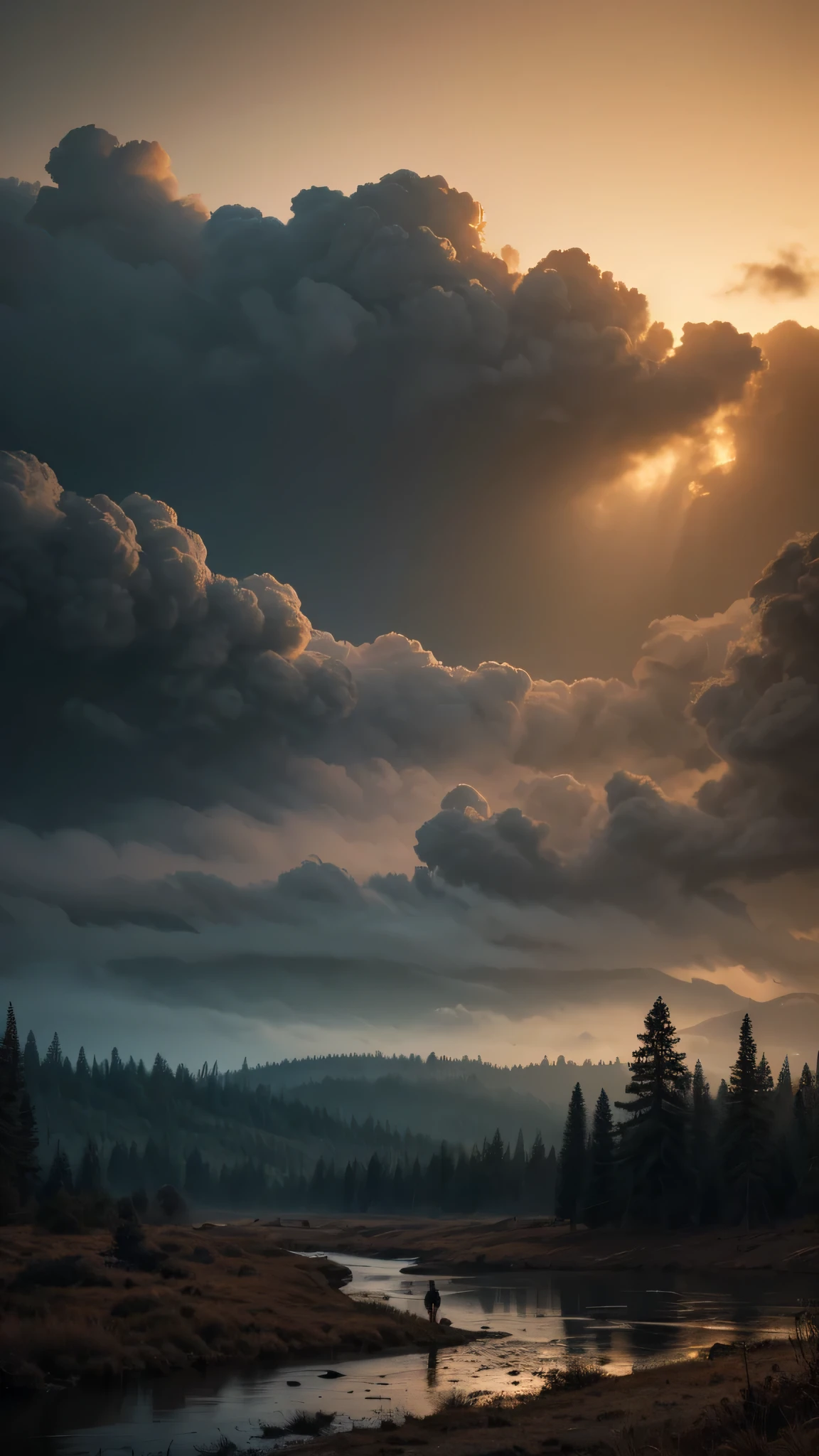 masterpiece, best quality, highly detailed, best quality, UHD, 8k, wallpaper, cinematic, Post-apocalyptic, 5K night landscape, rain, wilderness, dramatic clouds, beautiful colours, scene design, light coronas, light and shadow, cinematic lighting, sharp image, intricate details