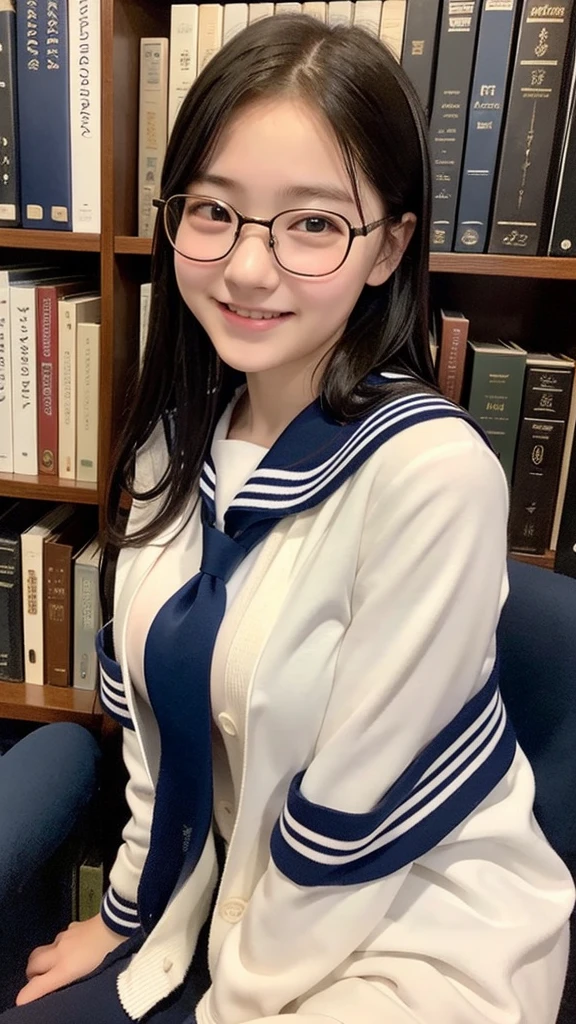 13 years old、Sailor suit、cardigan、、White shirt、tie、The dark library、Surrounded by bookshelves、Library Committee Member、Glasseiddle school students、Big Breasts、Natural smile、Feeling embarrassed、Deep valley、Plain girl、13 years old、Feeling embarrassed、Embarrassed、、Attractive breasts、delicate、Slender、Short height、sexy、Plain face、Glassesの13 years old