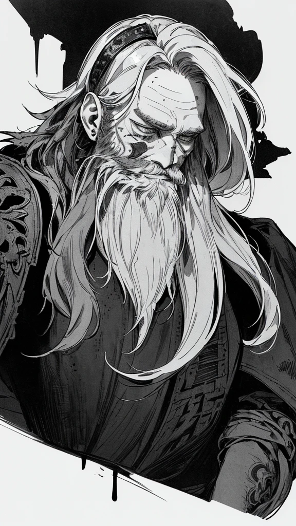 Highest quality, (Background details), High Contrast, Detailed original illustrations, Dwarven warriors、白hair、Muscular々、Wearing armor、whole body、Has an axe、, Medieval, Earrings_Deeply engraved_eye, Wrinkled face, dark_Stitch_Cape, (Dramatic lighting:1.25), (Shadowed Background:1.2), (dirty_ Sloppy_gray_hair:1.2), (length_Hairy_beard:1.3)Small stature、Delicate face, , Wicked Smile、鋭いeye, Black background, (Black background: 1. 5) Beautiful line art, Monochrome