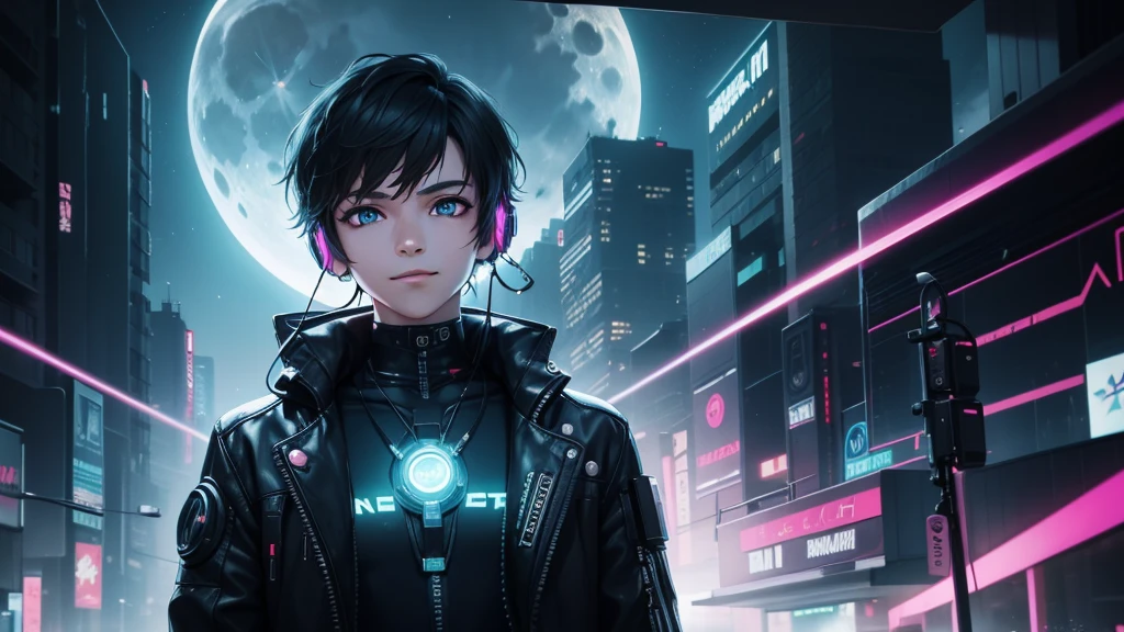 1boy, (extremely beautiful), solo, male focus, cyberpunk, neon lights, vibrant colors, headphones, Cyberpunk, neon, masterpiece, best quality, ultra-detailed, cyberpunk background, detail, in the starry night, moon, explosive and clear eyes, glowing eyes, beautiful details in the wind, little smile. thinking and watching the moon