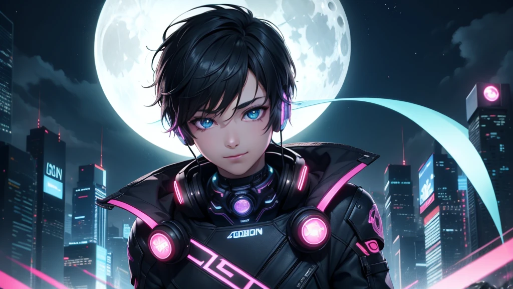 1boy, (extremely beautiful), solo, male focus, cyberpunk, neon lights, vibrant colors, headphones, Cyberpunk, neon, masterpiece, best quality, ultra-detailed, cyberpunk background, detail, in the starry night, moon, explosive and clear eyes, glowing eyes, beautiful details in the wind, little smile. thinking and watching the moon