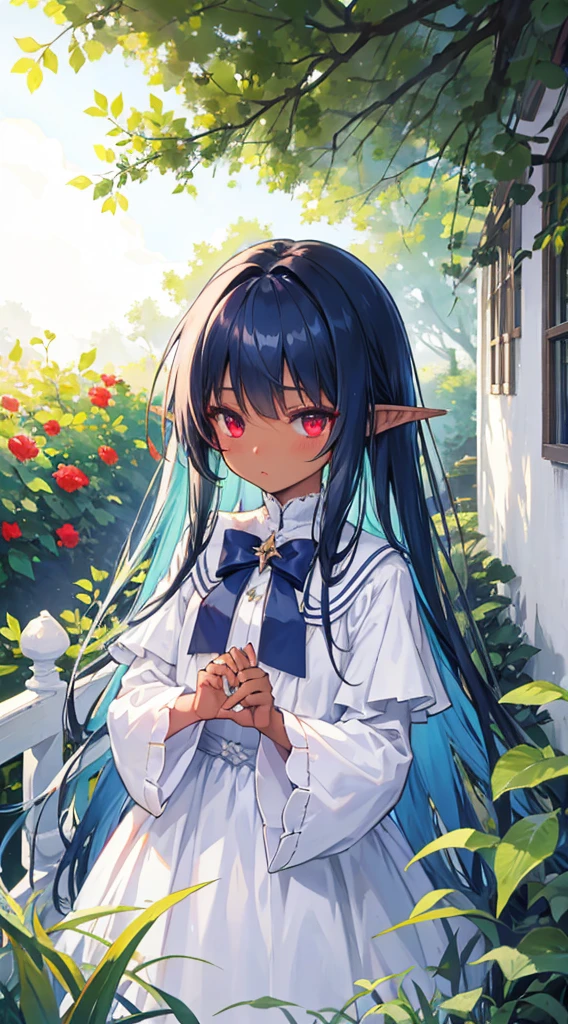 Long Hair、White Dress、sunlight、Fluffy bangs、14 years old、Dark Elf, Dark Skin, Pointed Ears, Navy Blue Hair、Red eyes、Kind eyes、Blushing、garden、Grass、leaf、green