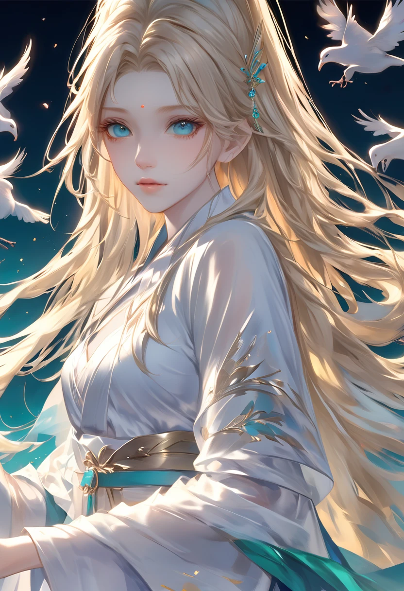 ((Highest quality)), ((masterpiece)), (detailed), ((Perfect Face)),euphilia, One Girl,Anime girl with long blonde hair and dark turquoise eyes in a white dress, Trending on cgstation, artwork in the style of Gwaiz, Gwaiz, Smooth anime CG art, detailedなデジタルアニメアート, Anime Goddess, Fantasy art style, palace , Girl in Hanfu, Beautiful young wind spirit, Beautiful Anime Girls, ! Dream Art Germ,