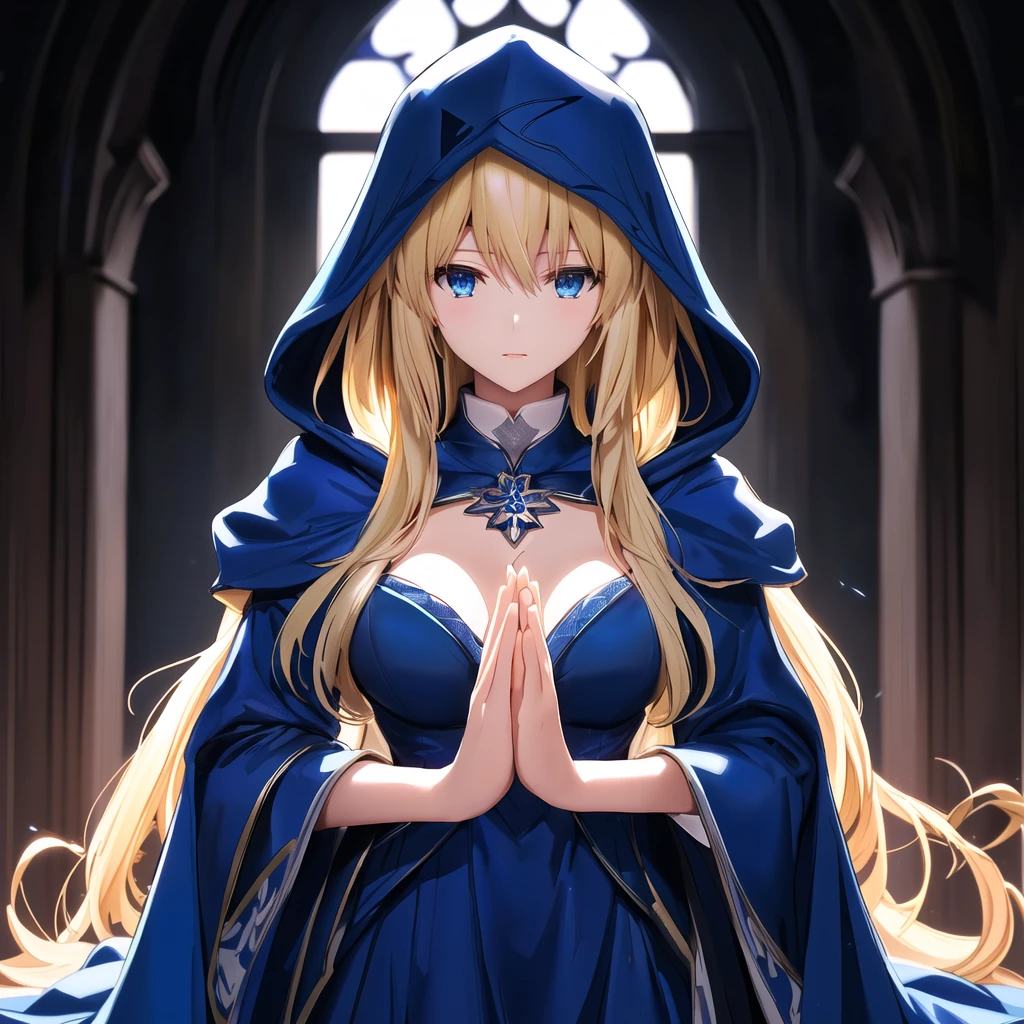 Anime-style image of a woman in a blue dress with a hood, Artoria Pendragon, anime style like destiny/Stay Night, destiny grand order, blonde anime girl with long hair, dressed in a Blue Cape, Blue Cape, Beautiful Witch, destiny / Stay Night, Anime Goddess, portrait of a Female Wizard, Female Wizard!