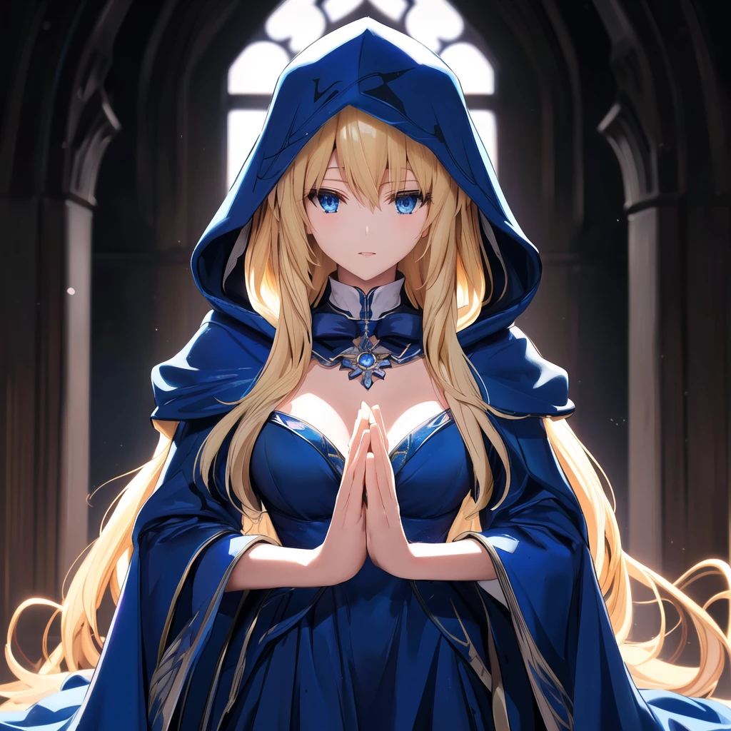 Anime-style image of a woman in a blue dress with a hood, Artoria Pendragon, anime style like destiny/Stay Night, destiny grand order, blonde anime girl with long hair, dressed in a Blue Cape, Blue Cape, Beautiful Witch, destiny / Stay Night, Anime Goddess, portrait of a Female Wizard, Female Wizard!