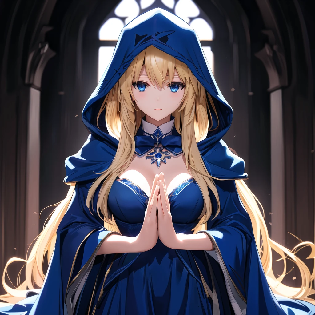 Anime-style image of a woman in a blue dress with a hood, Artoria Pendragon, anime style like destiny/Stay Night, destiny grand order, blonde anime girl with long hair, dressed in a Blue Cape, Blue Cape, Beautiful Witch, destiny / Stay Night, Anime Goddess, portrait of a Female Wizard, Female Wizard!