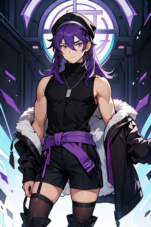 Young man purple hair black cap purple eyes turtleneck sleeveless black sweater waistband black shorts with long stockings and hair clips