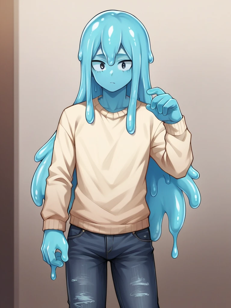 score_9, score_8_up, score_7_up, score_6_up, score_5_up, score_4_up, source_anime, 1Boy, slime Boy, Blue skin, Punk style, , Long hair, solo, slimegirlsfw, slime boy, ripped jeans, sweater, slimeboy, femboy, tentacles, school, depth of field, LUT, medium close shot, detailed, handsome, cute slime boy. My hero academia school.
