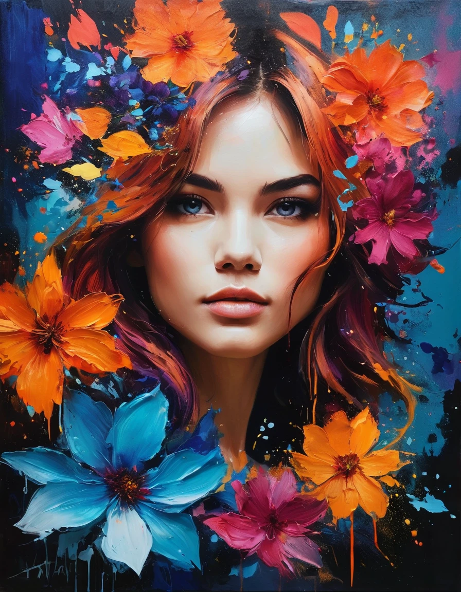 yktlr style,flower,painting,epic,awardwinning,trending on artstation and deviant art,dark,messy,abstract,high contrast, gradient hair, Honolulu Blue theme