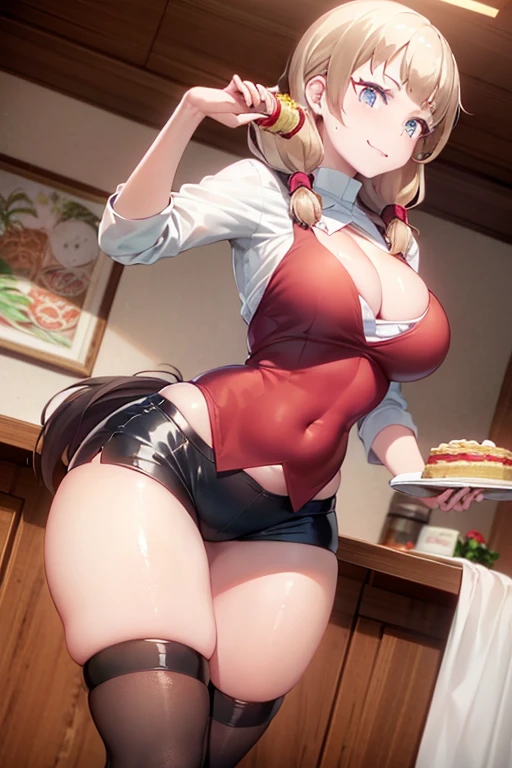(dynamic angle:1.3, front view:1.1, breast focus:1.3, from above:1.1), (dynamic posing:1.2, sexy posing:1.2), (seductive smiling:1.3), ((holding Pasta on a plate,Taking the pasta out of the pan, worried about the outcome:1.2)),highest quality、(real、photorealistic:1.4),(ultra high resolution, 8K RAW photo, clear focus), best qualtiy, natural lighting, field depth, (Bright pupils, detailed beautiful eyes, high detailed face), Red lip, (tight focus:1.2), a girl 22yo old, Wearing a pastry chef uniform:1.3 , Thicc, thin breast, long hair, blue eyes,garter stocking, cleavage:1.2, midriff, black shorts, black thighhighs, thigh strap, pretty girl, (highly detailed beautiful face and eyes,firm breasts),real skin,((black,hair,long pony tail hair)),thin pubic hair,cute,lovely, detailed eyes,(double breasted:1.0,under bust:1.0),(with sparkling eyes and a contagious smile),open mouth, Looking at Viewer,A scene of make cooking Cakes in the kitchen