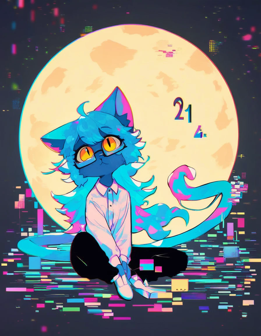 （Best quality，4K，8K，high resolution，masterpiece：1.2），Ultra Detailed，cute的蓝发女孩，fluffy，cute，illustration，number，Vibrant colors，Surreal，Pastel color palette，Soft lighting，hairy，Cat，Cat耳朵，Cat尾巴，Golden Eyes，female，Long Tail，personification，Blue hair，White shirt，Black pants，moon，Glasses，White shoes，fluffy的艺术风格，Simple background，long hair