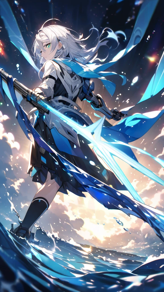 anime style man with (white hair) and green eyes unleashing cool (water) magic from his one hand, the other arm is metal, robot arm, water, water particles, blue and white tinted black clothing, surrounded by vibrant water particles, emitting a cool, blue-white hue, ultra detailed, digital painting, with dramatic lighting, vivid colors, anime style from Mushoku Tensei: Jobless Reincarnation, from behind, facing viewer, looking back, from above