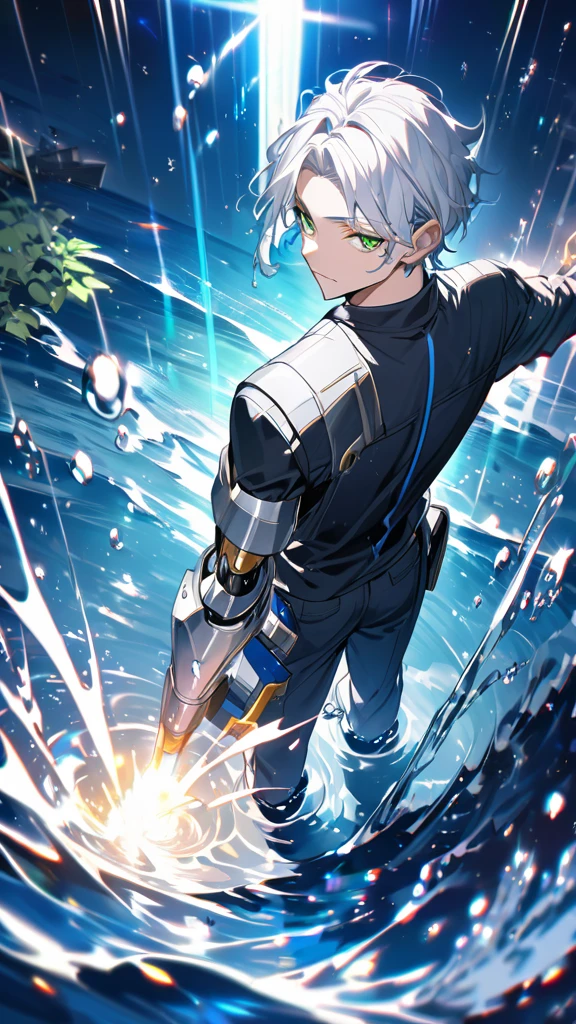 anime style man with (white hair) and green eyes unleashing cool (water) magic from his one hand, the other arm is metal, robot arm, water, water particles, blue and white tinted black clothing, surrounded by vibrant water particles, emitting a cool, blue-white hue, ultra detailed, digital painting, with dramatic lighting, vivid colors, anime style from Mushoku Tensei: Jobless Reincarnation, from behind, facing viewer, looking back, from above
