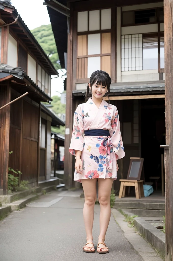 2 girls in old-Japanese town on school trips,long-sleeved floral yukata,18-year-old,bangs,a little smile,thighs,knees,short hair with low pigtails bunches,from below,front light