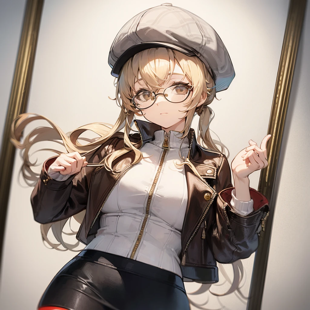 masterpiece, Concept Art, Centered, Close-up shot, Portraiture, Are standing, One girl, melania, Reverse 1999, Glasses, Long blonde hair, leather jacket, white sweater with zipper, Black Skirt, Red leggings, Flat Cap, Background of the museum