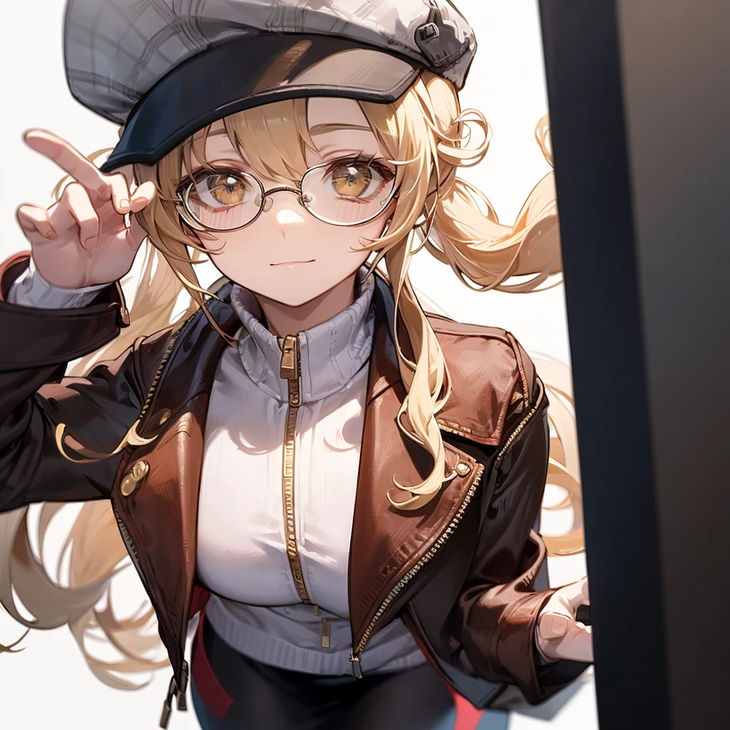 masterpiece, Concept Art, Centered, Close-up shot, Portraiture, Are standing, One girl, melania, Reverse 1999, Glasses, Long blonde hair, leather jacket, white sweater with zipper, Black Skirt, Red leggings, Flat Cap, Background of the museum