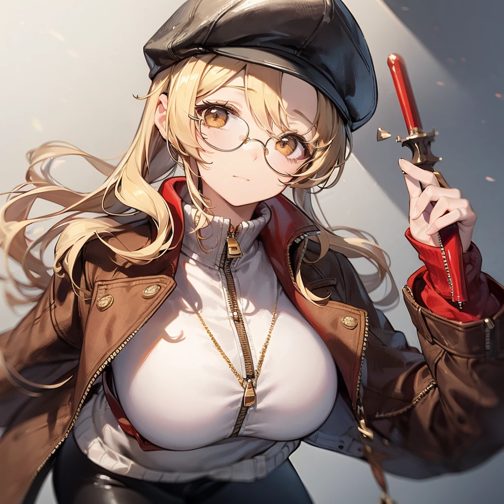 masterpiece, Concept Art, Centered, Close-up shot, Portraiture, Are standing, One girl, melania, Reverse 1999, Glasses, Long blonde hair, leather jacket, white sweater with zipper, Black Skirt, Red leggings, Flat Cap, Background of the museum
