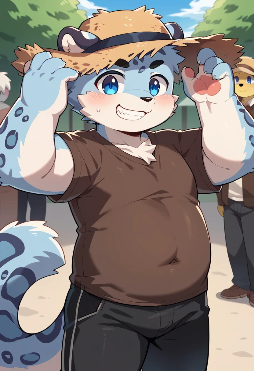 New Jersey 5 Furry,snow leopard,Solitary,Wildlife,Chubby, Abdominal muscles,Thick Arms,Chubby身材,Chubby脸,Black eyebrows,blue eyes,young,luxurious,blush,Smile,(countryside,village),(Brown shirt,Black pants,straw hat),(Sweat),From Zixiong, Takemoto Arashi