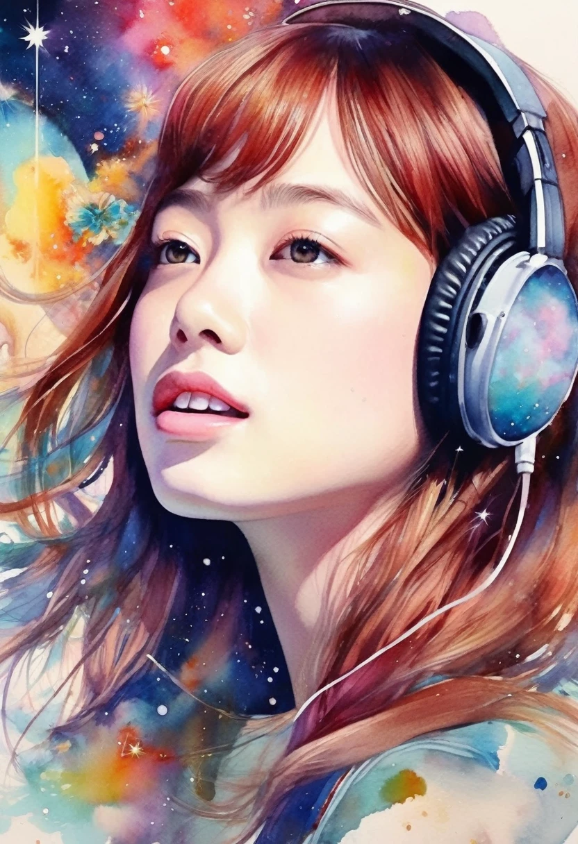 Girl singing with a microphone、Rock band vocals、Girl flying in space、Starry Skyを飛ぶ少女、Beautiful face girl、color々なcolorの星の光、diego gisbert lawrence、Joe San Gonzalez Dan Mumford、Picture book illustrations、Psychedelic Art、Starry Sky、nebula、vague、superwide shot、Highest quality、Ultra-detailed、Intensive、Golden ratio composition、Kanna Hashimoto、Watercolor、